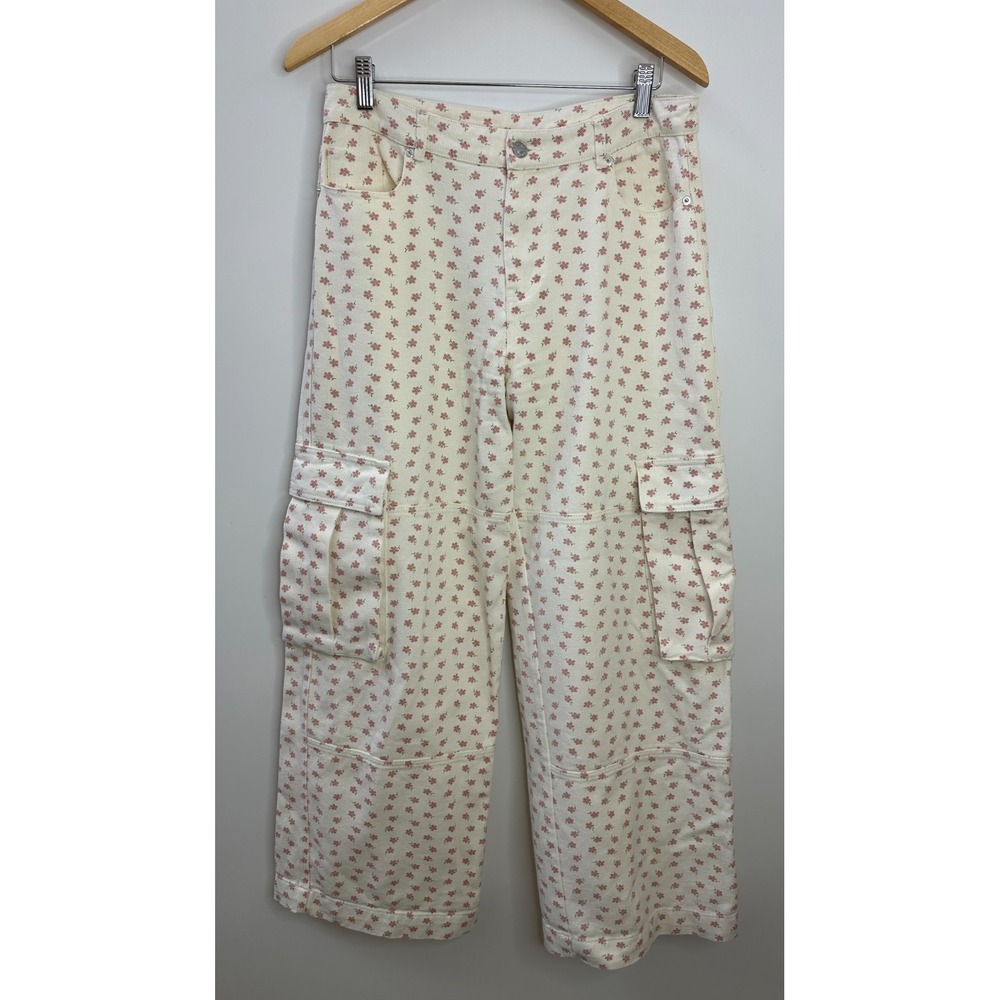 Altar'd State Ellis Floral Cargo Pants Cream Pink High Rise Wide Leg Size Medium - Picture 2 of 16